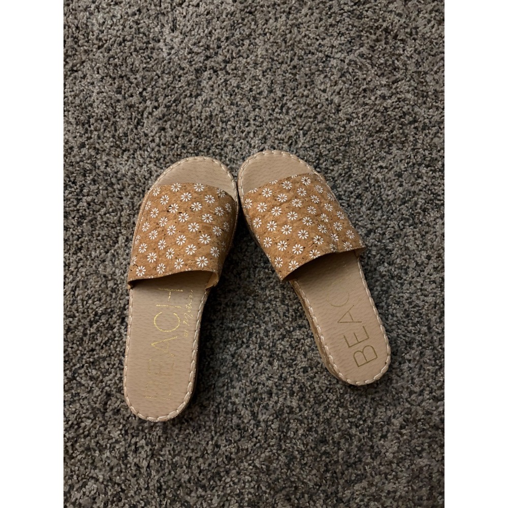 Beach by Matisse Daisy Floral Cork Platform Slide Sandals Tan White Summer